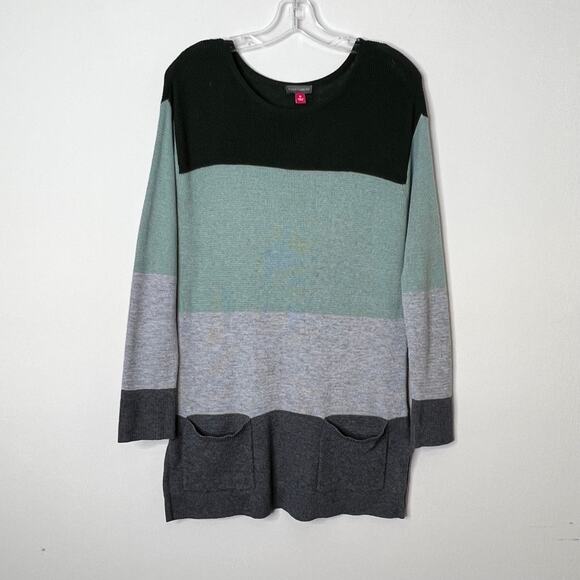 Vince Camuto Long Sleeve Striped Colorblocked Tunic Sweater Green Gray XS - Picture 2 of 7